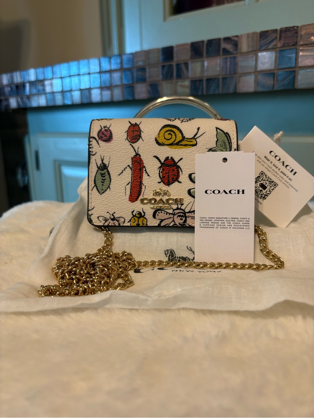 Coach White Floral & Bug Mini Crossbody with Gold Chain